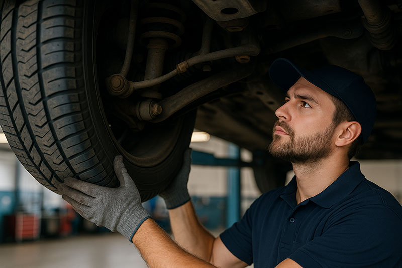 Mechanic checking steering and suspension parts under a car in an auto shop.